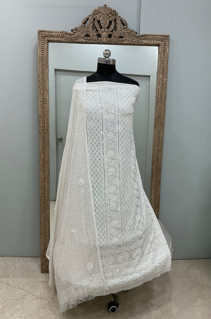 Superfine Pure Georgette Heavy Pearl Cutdana and Sequence Designer White 05