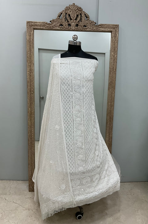 Superfine Pure Georgette Heavy Pearl Cutdana and Sequence Designer White 05