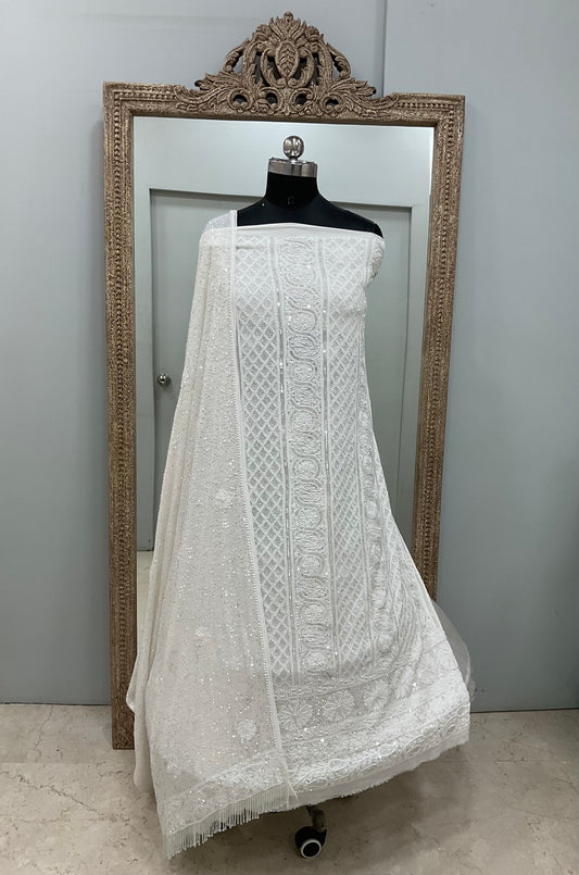Superfine Pure Georgette Heavy Pearl Cutdana and Sequence Designer White 05