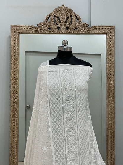 Superfine Pure Georgette Heavy Pearl Cutdana and Sequence Designer White 05