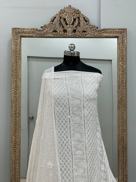Superfine Pure Georgette Heavy Pearl Cutdana and Sequence Designer White 05