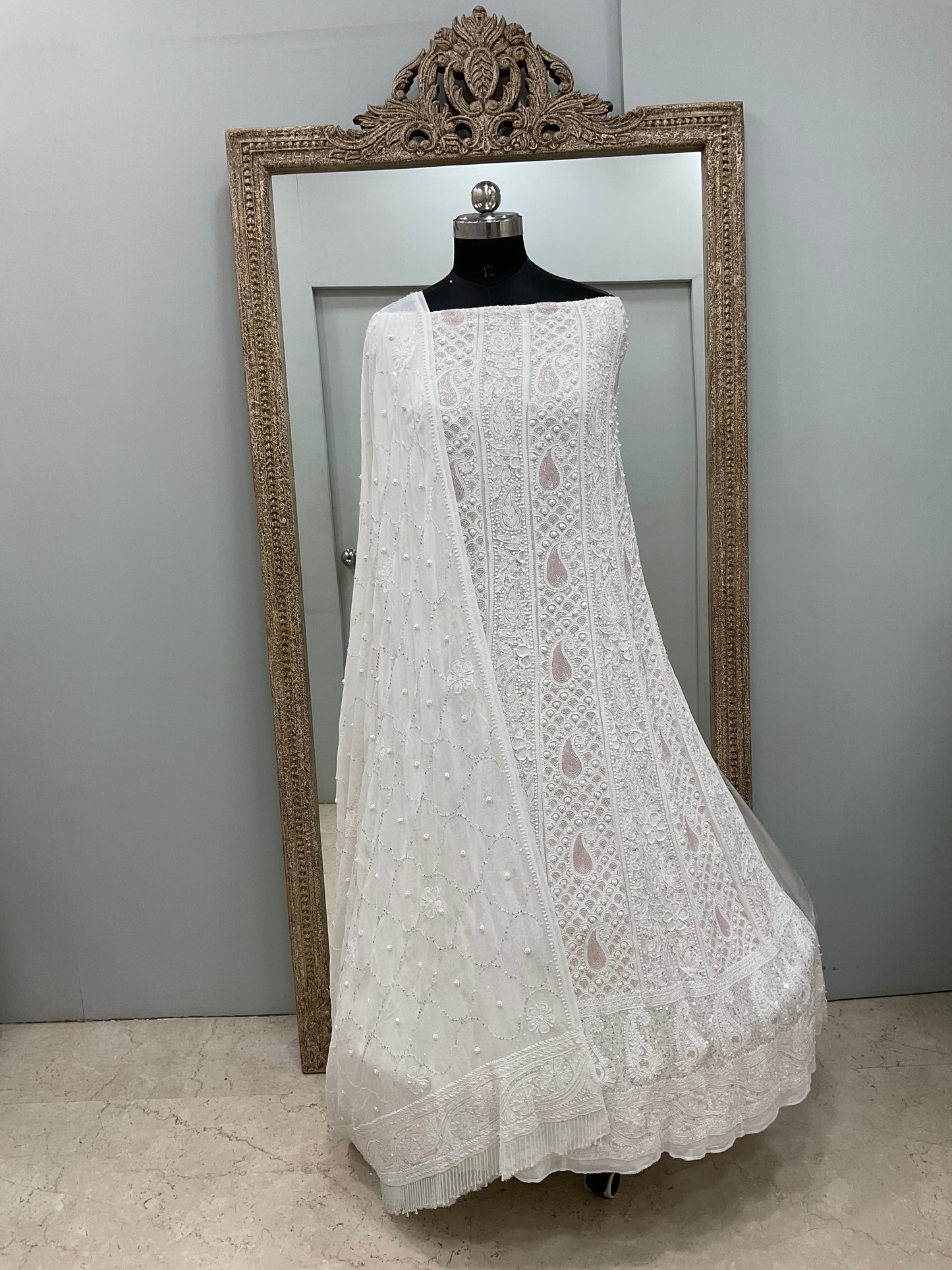 Pure Georgette Anarkali Heavy Pearl, Multi Coloured Cutdana and Sequence White