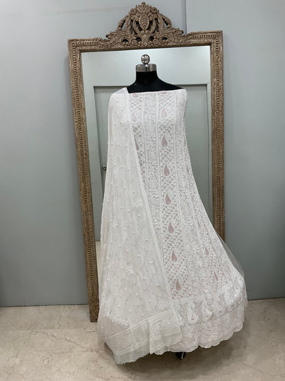 Pure Georgette Anarkali Heavy Pearl, Multi Coloured Cutdana and Sequence White