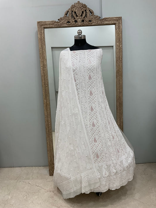 Pure Georgette Anarkali Heavy Pearl, Multi Coloured Cutdana and Sequence White