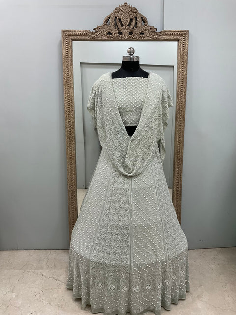 Georgette Lehenga Heavy Pearl and Sequence,Mirror Work Green