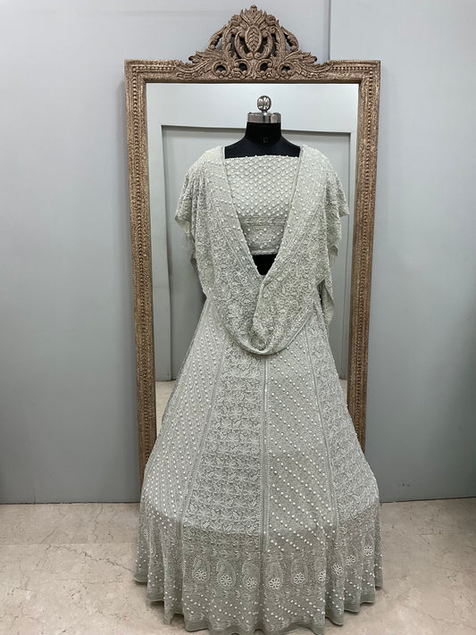 Georgette Lehenga Heavy Pearl and Sequence,Mirror Work Green