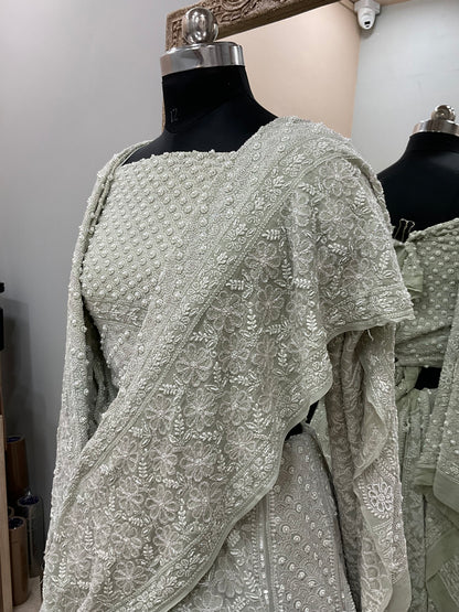 Georgette Lehenga Heavy Pearl and Sequence,Mirror Work Green