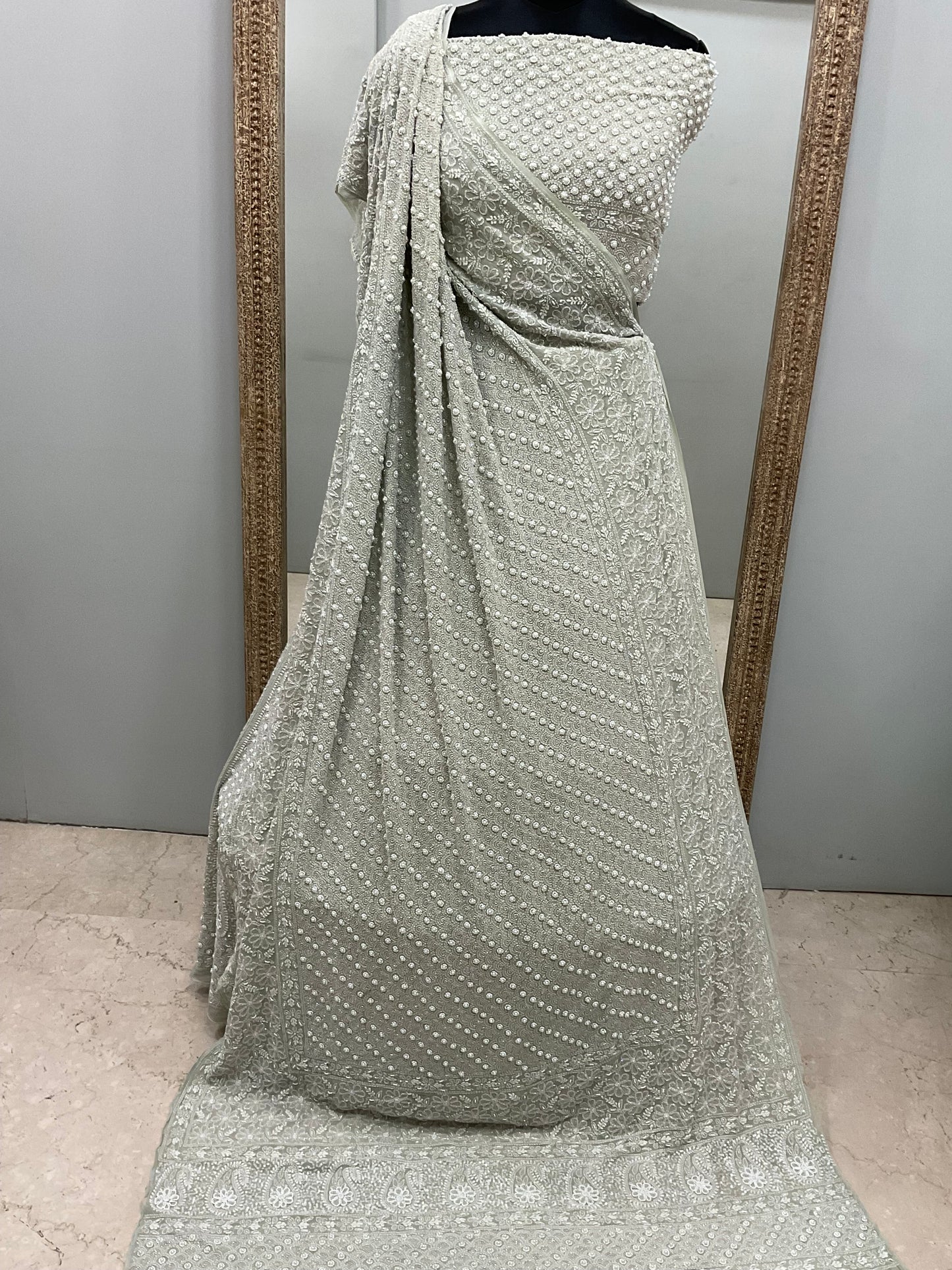 Georgette Lehenga Heavy Pearl and Sequence,Mirror Work Green
