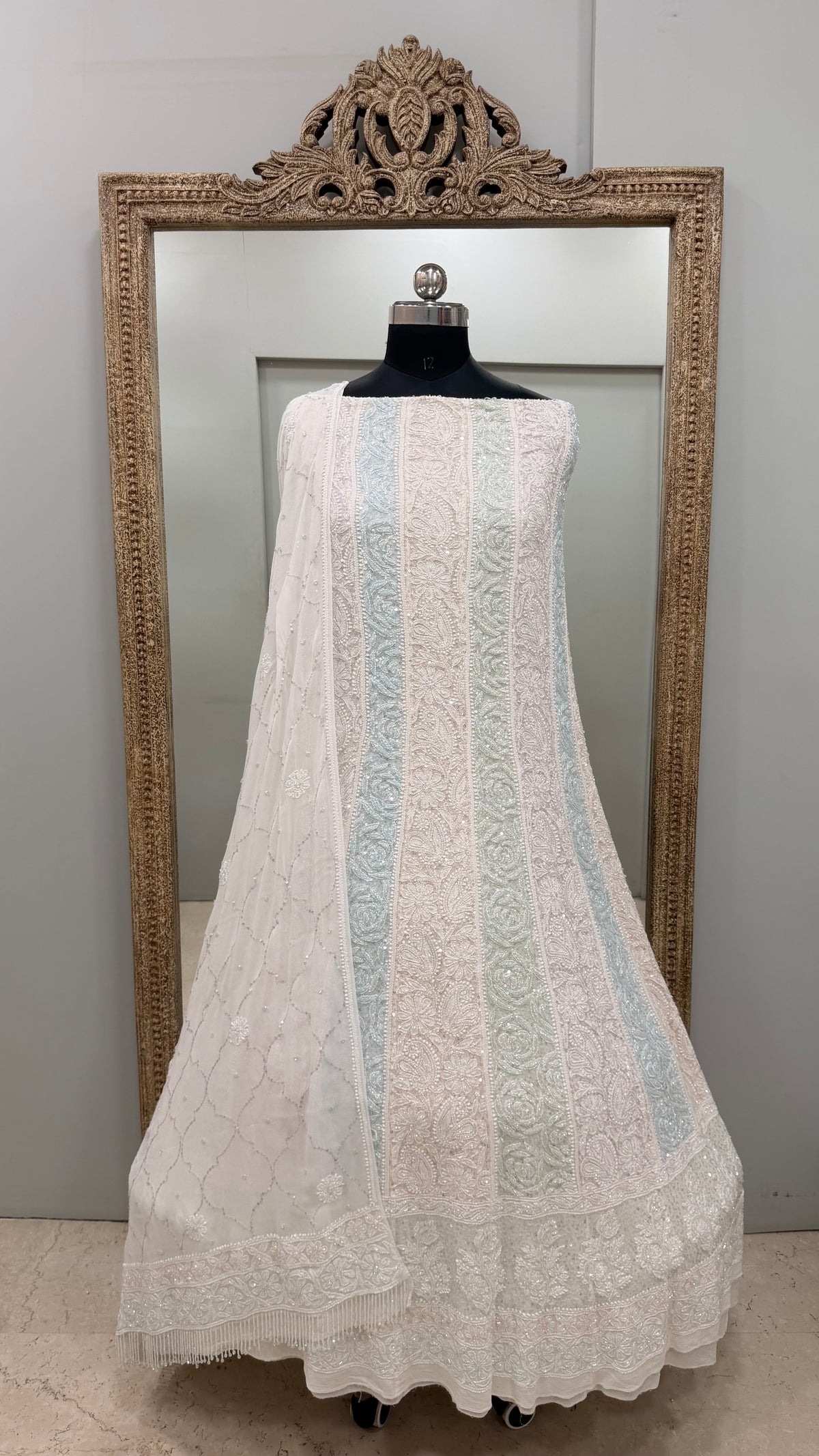 Pure Georgette Anarkali Heavy Pearl, Multi Coloured Cutdana and Sequence White