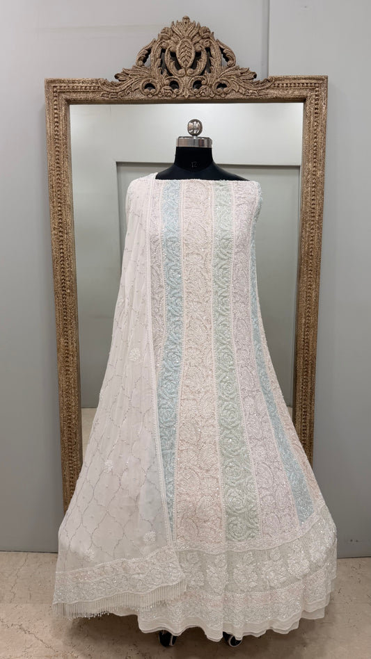 Pure Georgette Anarkali Heavy Pearl, Multi Coloured Cutdana and Sequence White