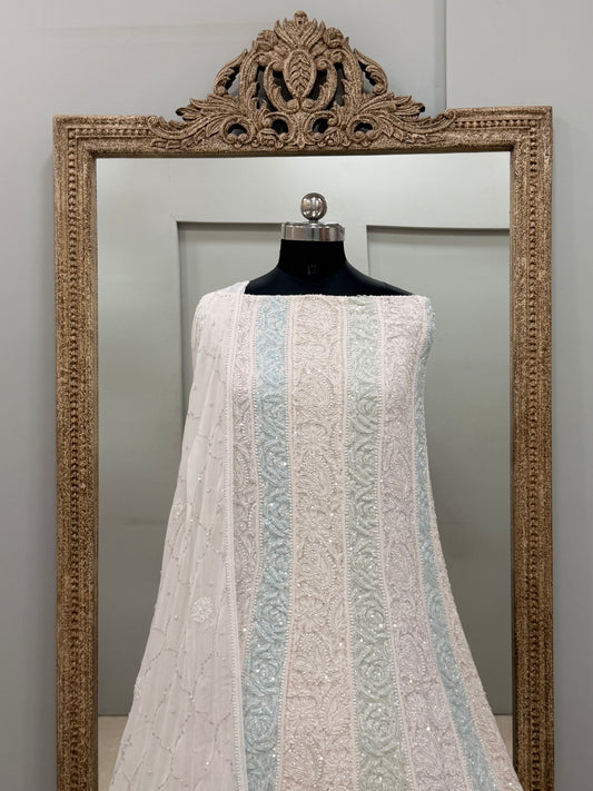 Pure Georgette Anarkali Heavy Pearl, Multi Coloured Cutdana and Sequence White