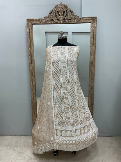 Superfine Pure Georgette Heavy Pearl Cutdana and Sequence Designer Golden And White