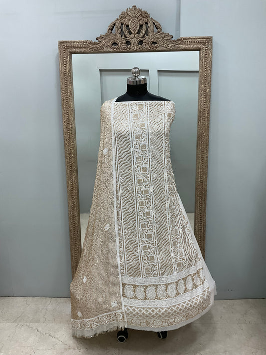 Superfine Pure Georgette Heavy Pearl Cutdana and Sequence Designer Golden And White