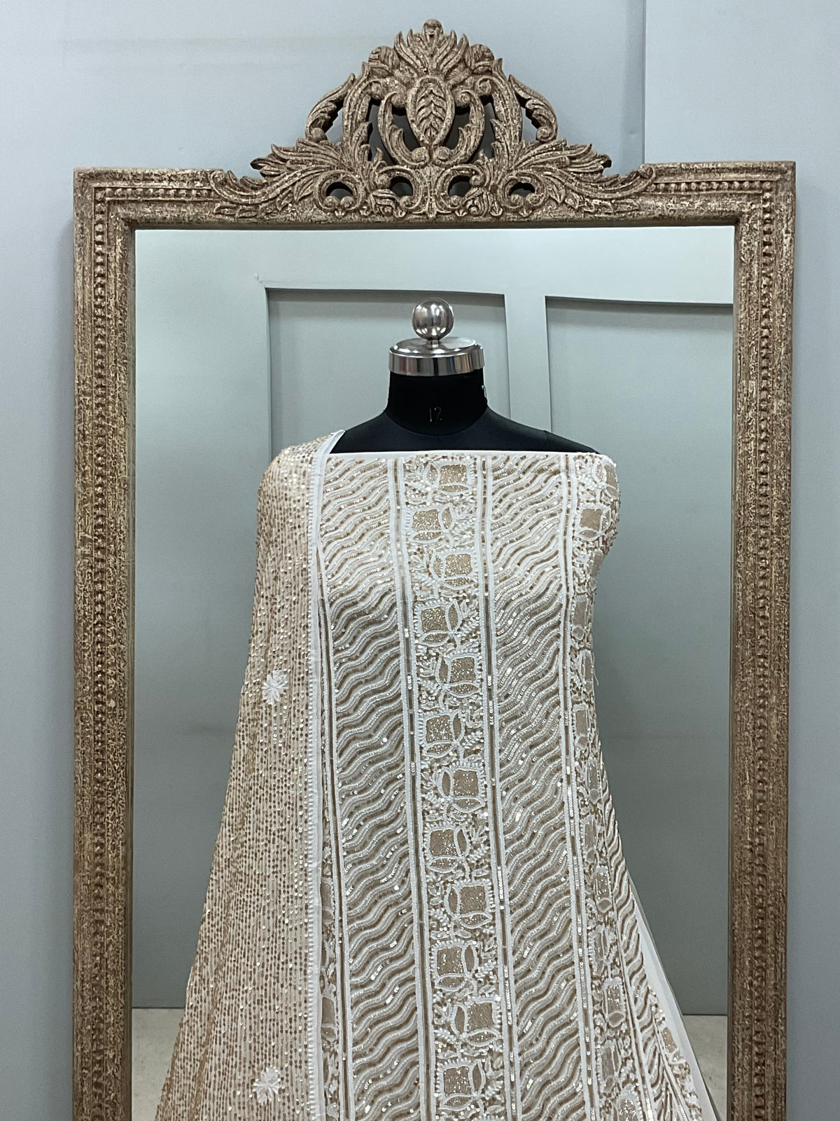Superfine Pure Georgette Heavy Pearl Cutdana and Sequence Designer Golden And White