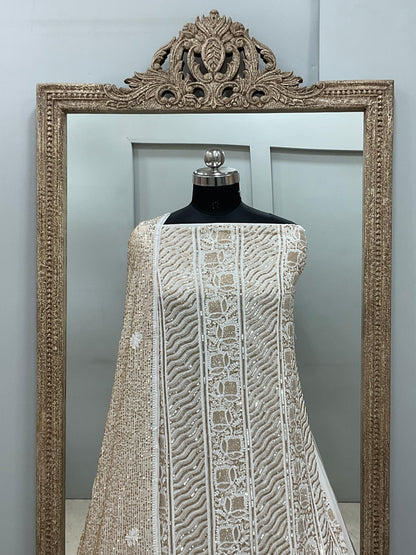Superfine Pure Georgette Heavy Pearl Cutdana and Sequence Designer Golden And White