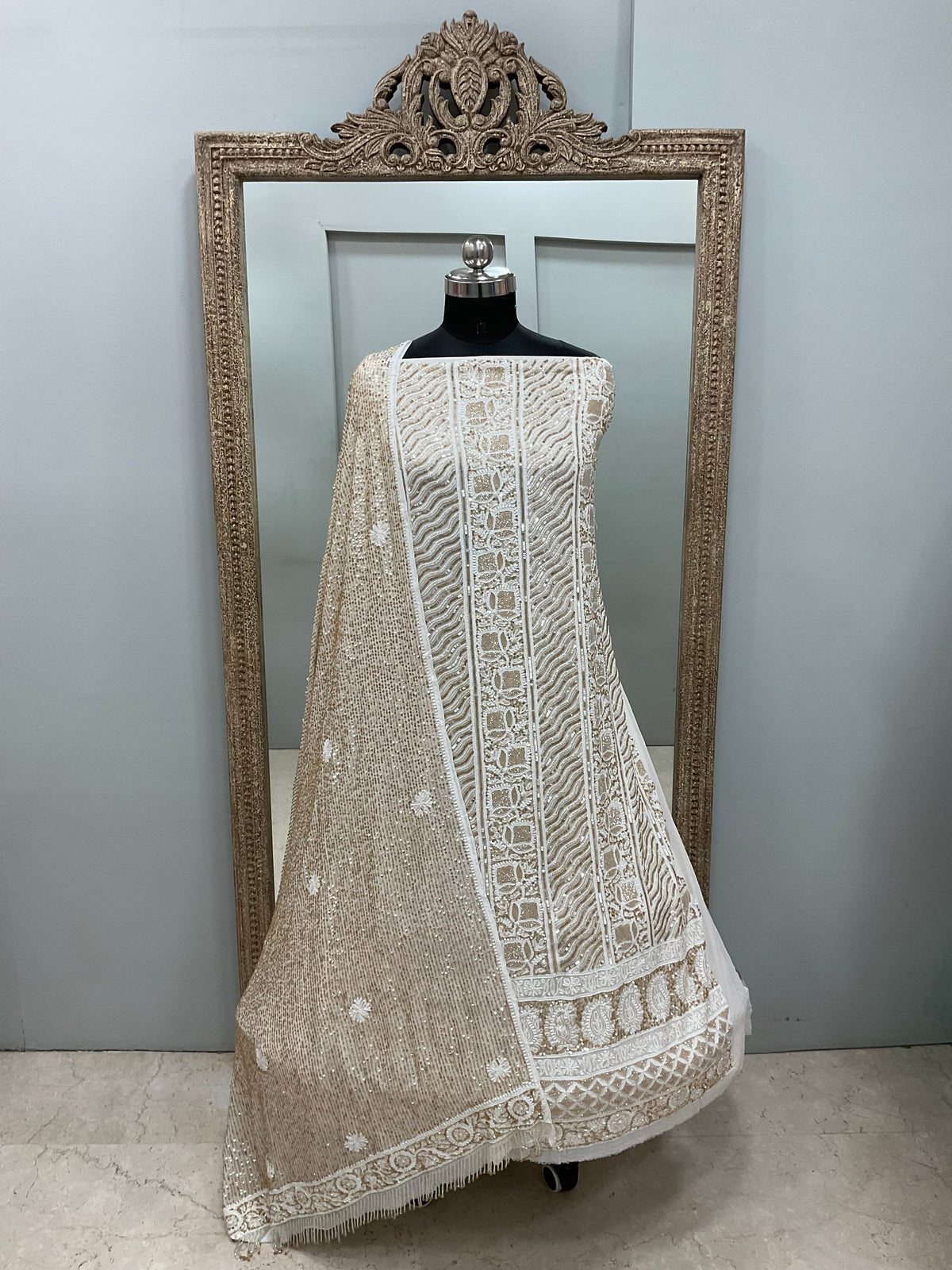 Superfine Pure Georgette Heavy Pearl Cutdana and Sequence Designer Golden And White