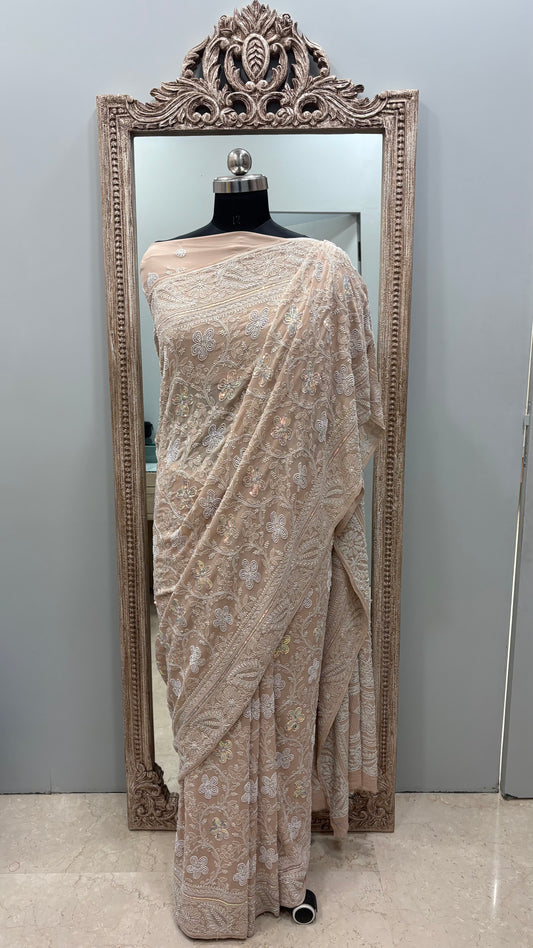 Pure Georgette Saree full jaal with Multicolored Heavy Cutdana and Heavy Sequence Beige