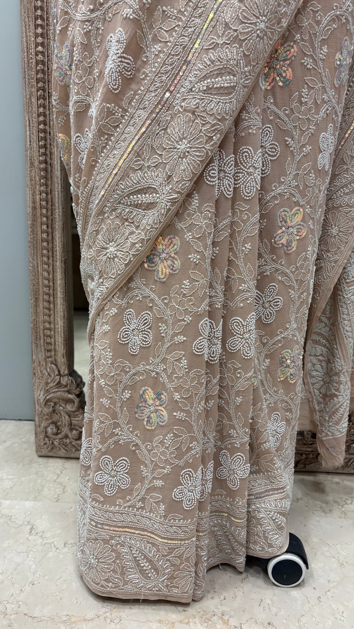 Pure Georgette Saree full jaal with Multicolored Heavy Cutdana and Heavy Sequence Beige