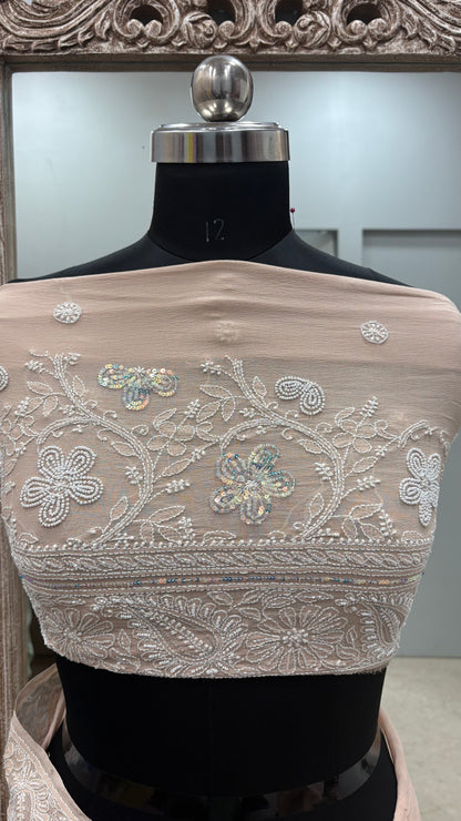 Pure Georgette Saree full jaal with Multicolored Heavy Cutdana and Heavy Sequence Beige