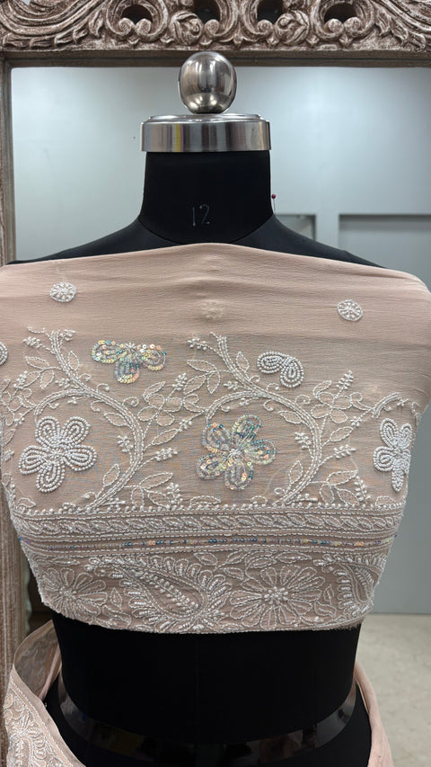 Pure Georgette Saree full jaal with Multicolored Heavy Cutdana and Heavy Sequence Beige