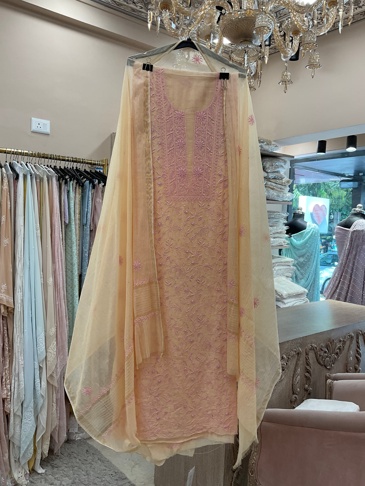 Pure Mulmul Cotton Semistiched Kurta Pearl And Addon Work With Dupatta Beige