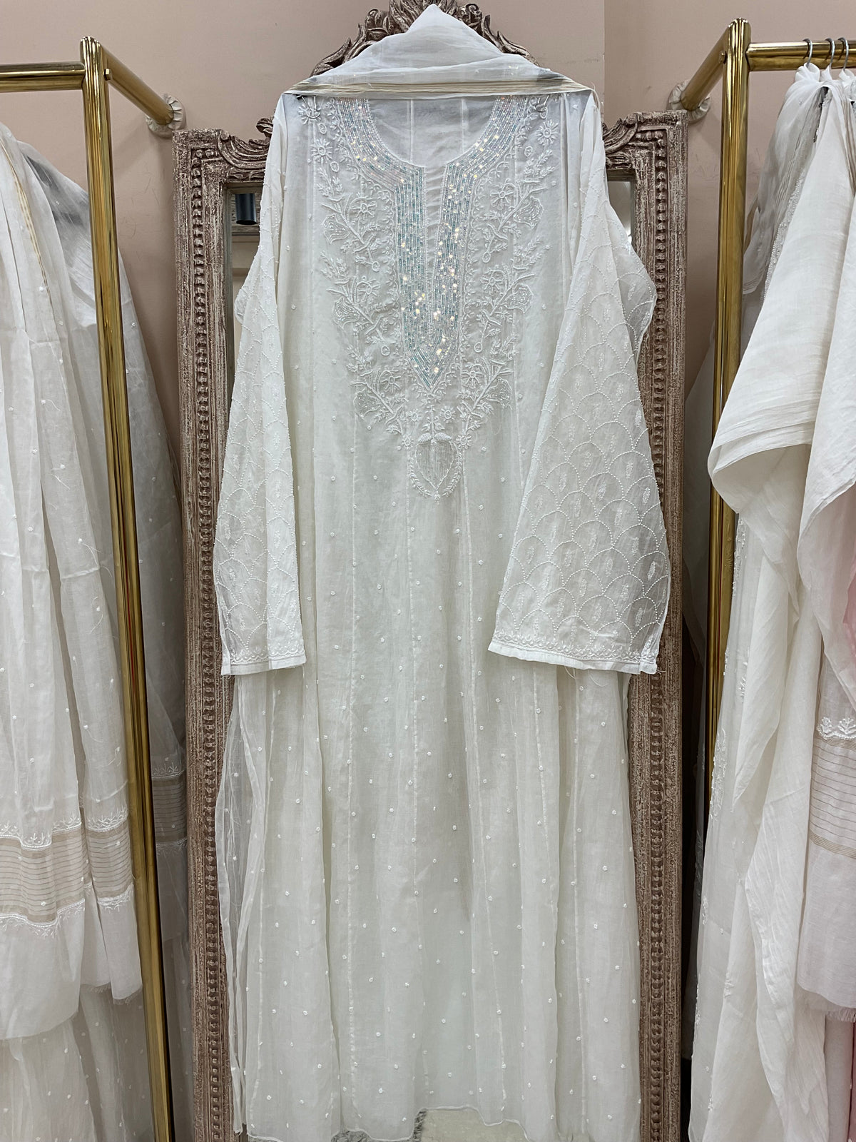 Pure Mul Anarkali Heavy Pearl And Cutdana Work With Dupatta Off White 03