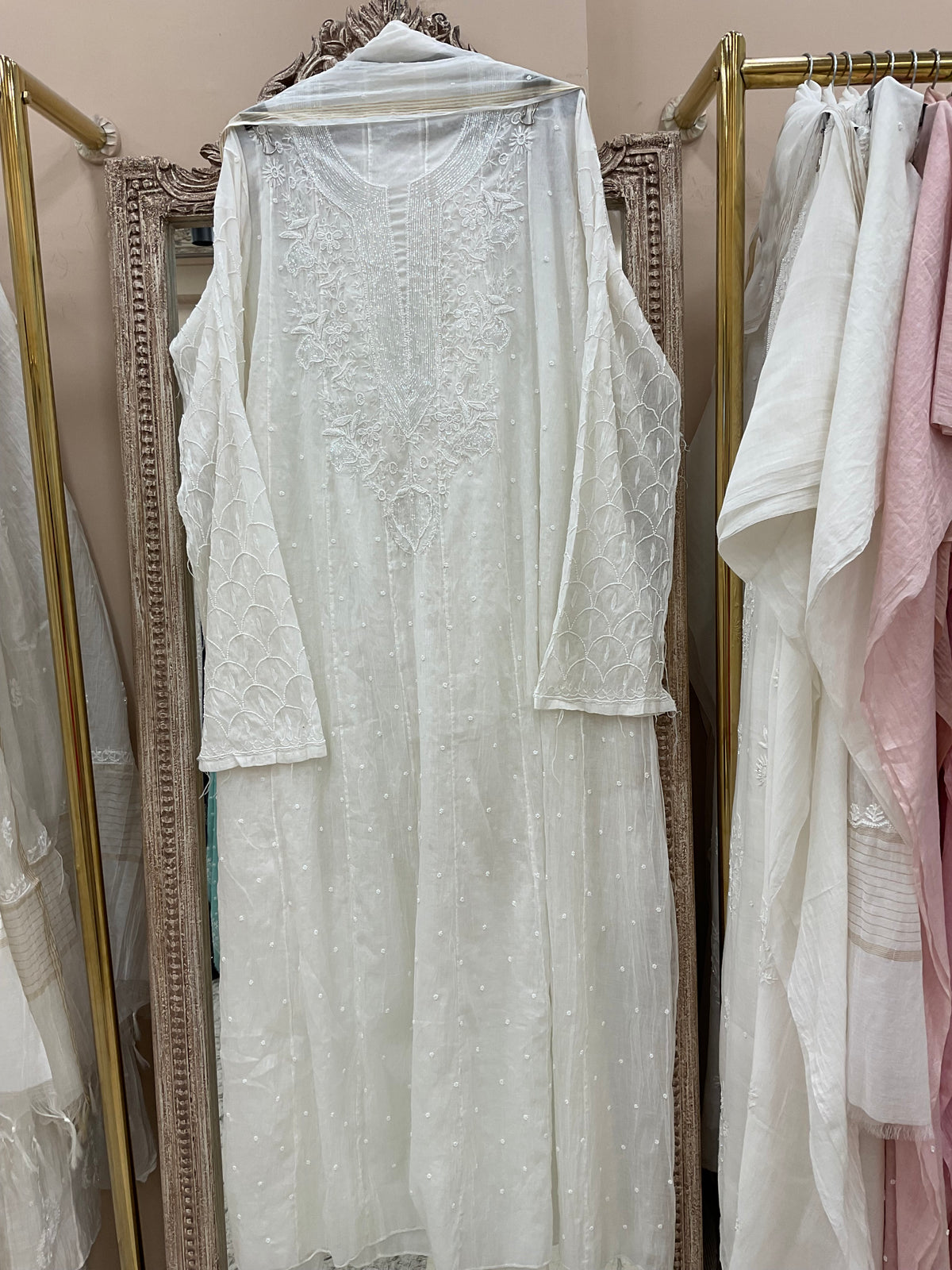 Pure Mul Anarkali Heavy Pearl And Cutdana Work With Dupatta Off White 05