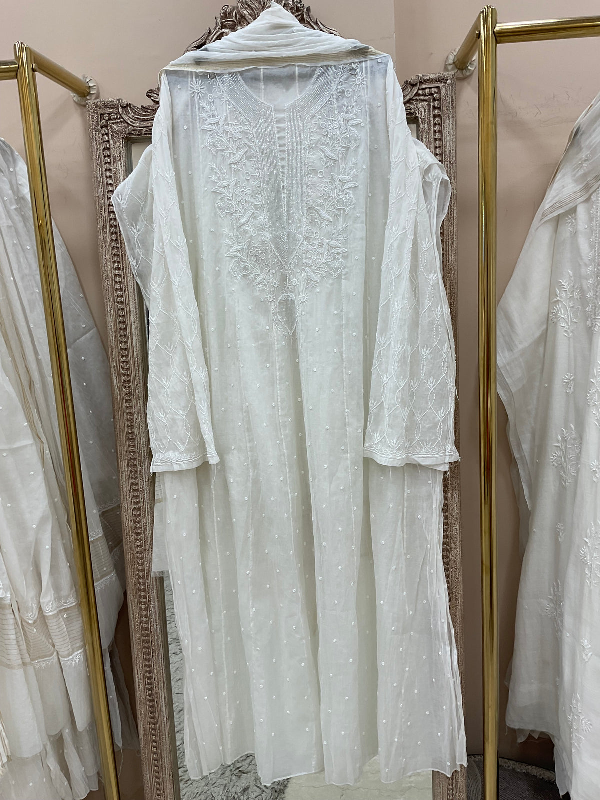 Pure Mul Anarkali Heavy Pearl And Cutdana Work With Dupatta Off White 07