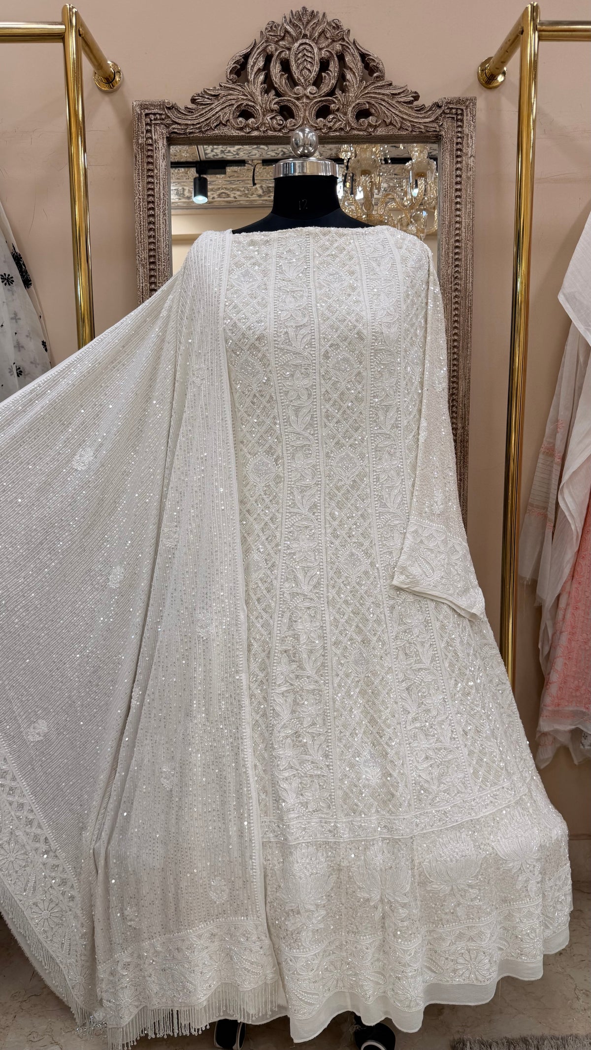 Superfine Pure Georgette Anarkali Heavy Pearl, Cutdana and Sequence White 01