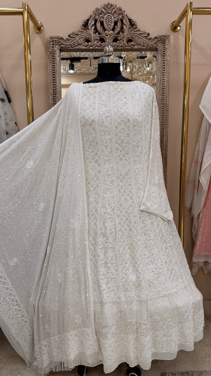 Superfine Pure Georgette Anarkali Heavy Pearl, Cutdana and Sequence White 01