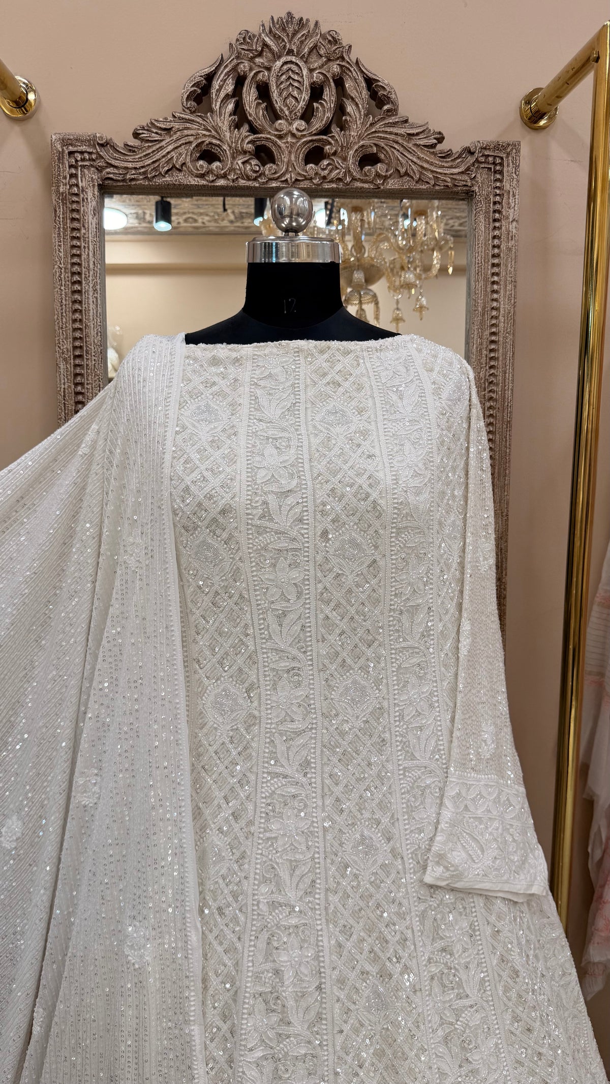 Superfine Pure Georgette Anarkali Heavy Pearl, Cutdana and Sequence White 01