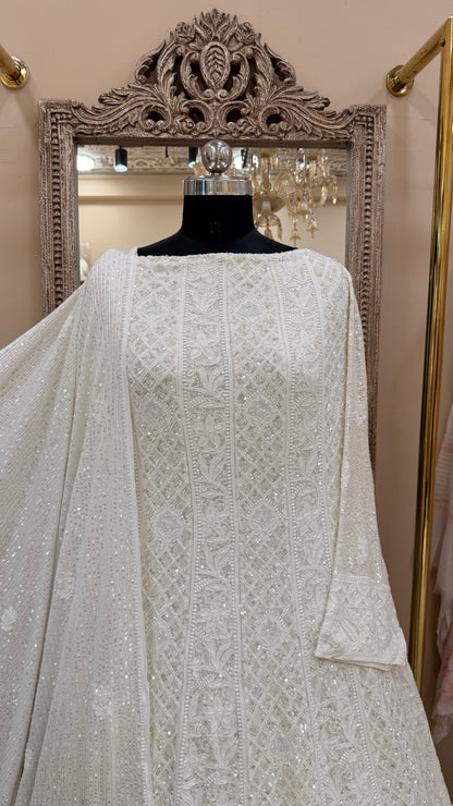 Superfine Pure Georgette Anarkali Heavy Pearl, Cutdana and Sequence White 01