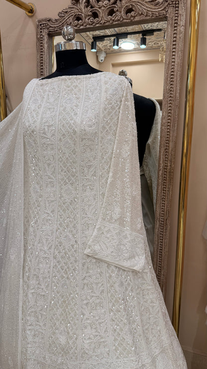 Superfine Pure Georgette Anarkali Heavy Pearl, Cutdana and Sequence White 01