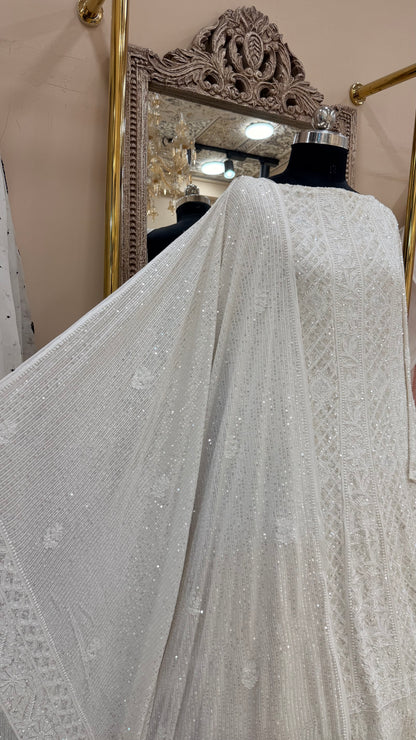 Superfine Pure Georgette Anarkali Heavy Pearl, Cutdana and Sequence White 01