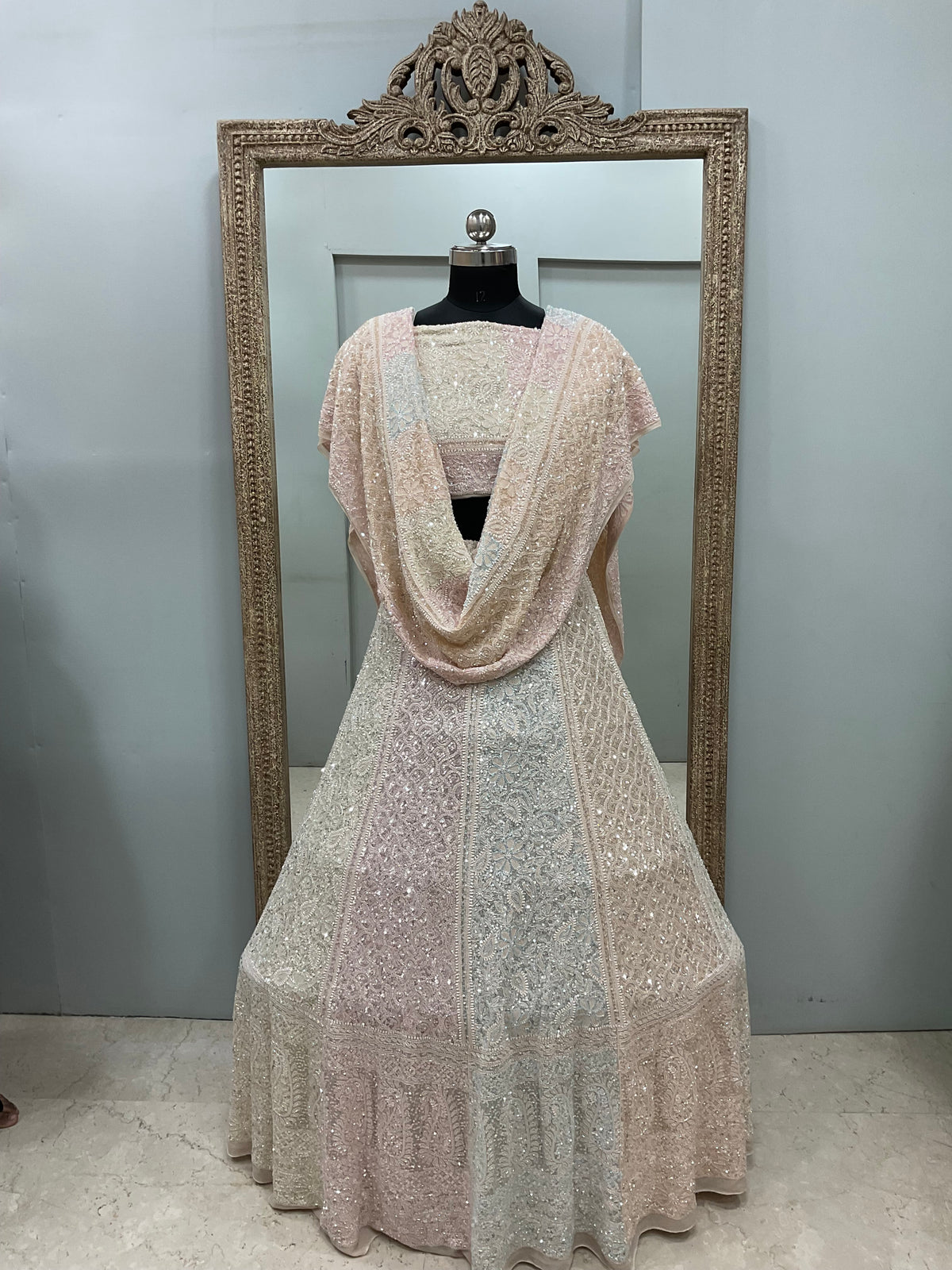 Pure Georgette Heavy Multicolored Cutdana and Pearl Powder Beige