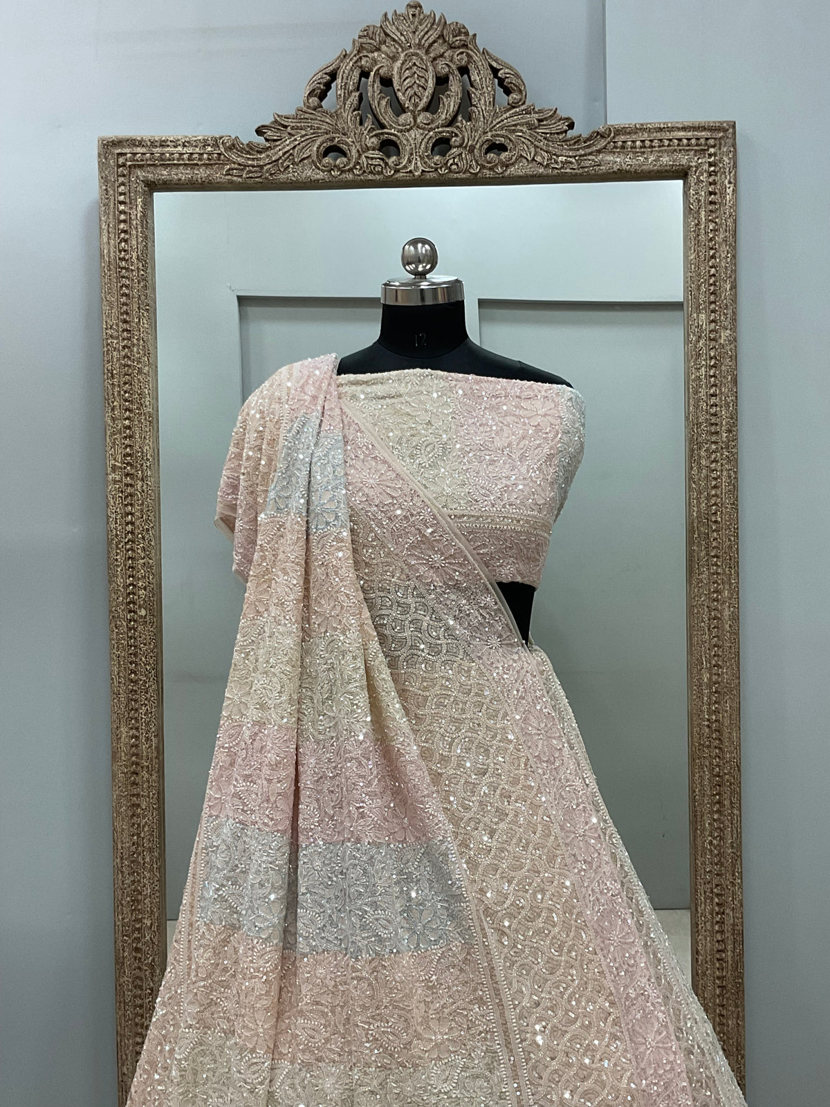 Pure Georgette Heavy Multicolored Cutdana and Pearl Powder Beige
