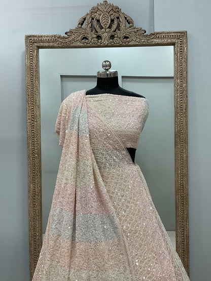 Pure Georgette Heavy Multicolored Cutdana and Pearl Powder Beige