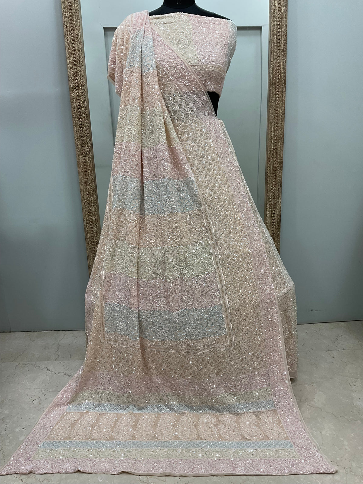 Pure Georgette Heavy Multicolored Cutdana and Pearl Powder Beige