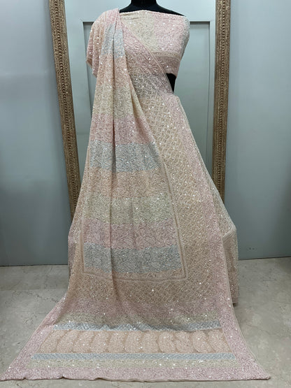 Pure Georgette Heavy Multicolored Cutdana and Pearl Powder Beige