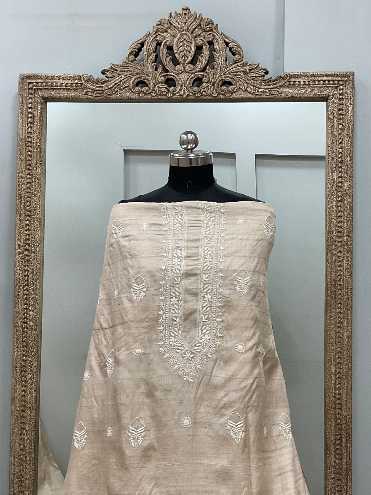 Khadi Silk Gents Kurta Front Jaal Heavy Chickan Work Beige 02