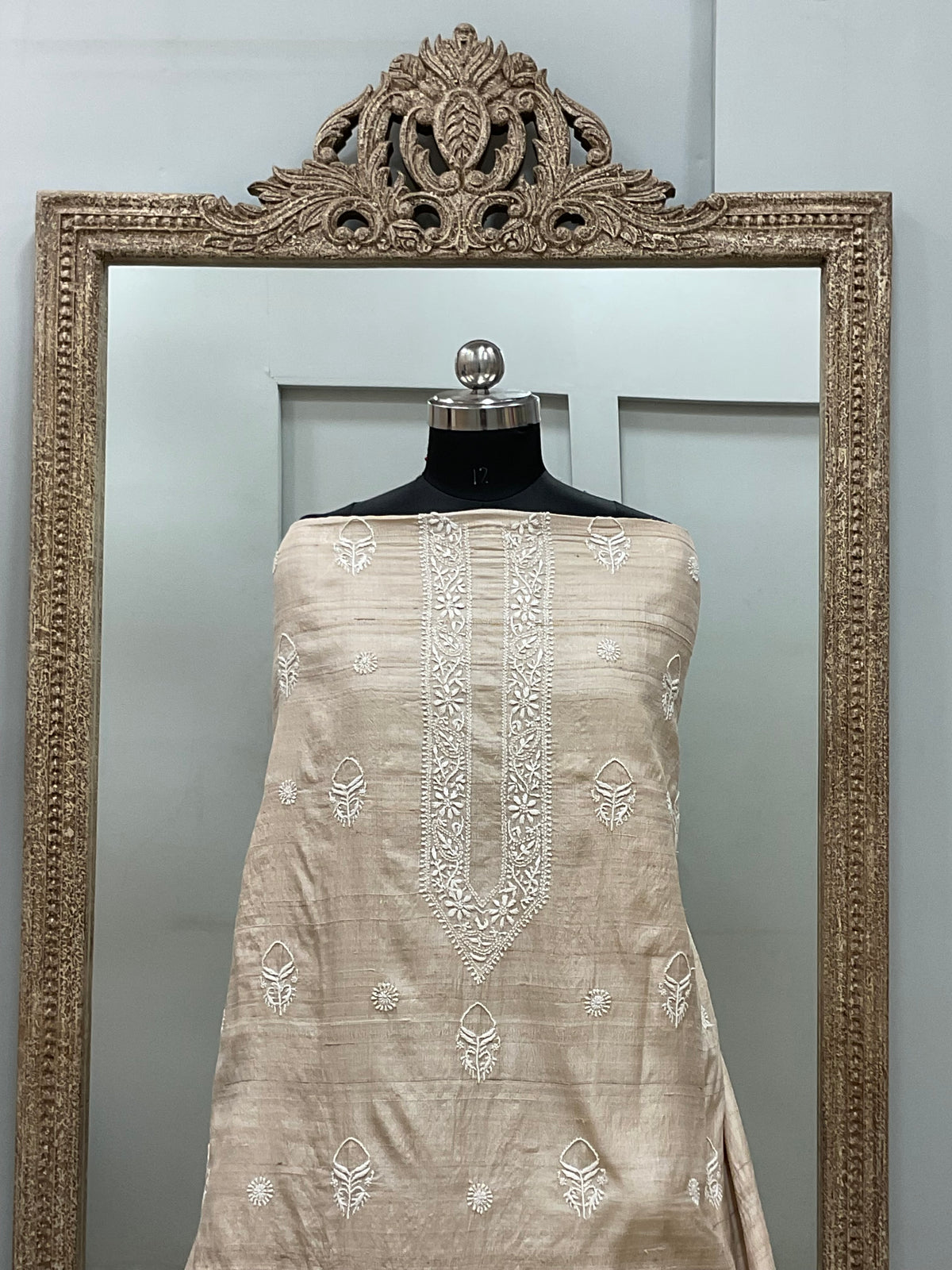 Khadi Silk Gents Kurta Front Jaal Heavy Chickan Work Beige 05