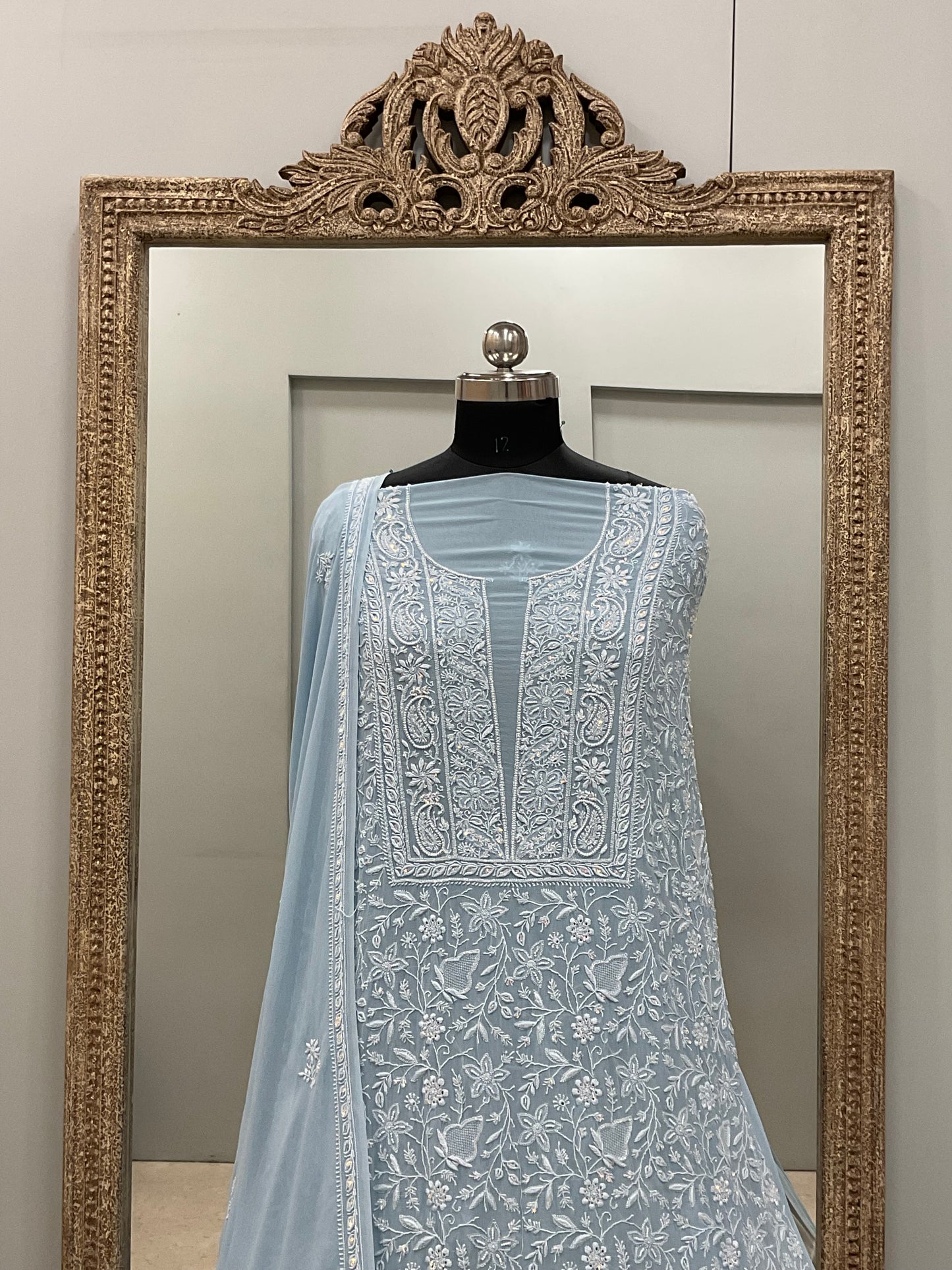 Pure Georgette Heavy Cutdana Pearl And Sequence Work Designer With Dupatta Blue