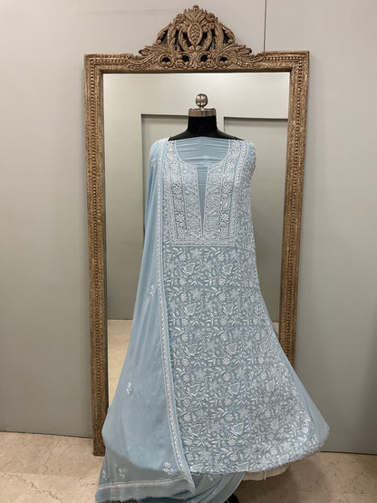 Pure Georgette Heavy Cutdana Pearl And Sequence Work Designer With Dupatta Blue