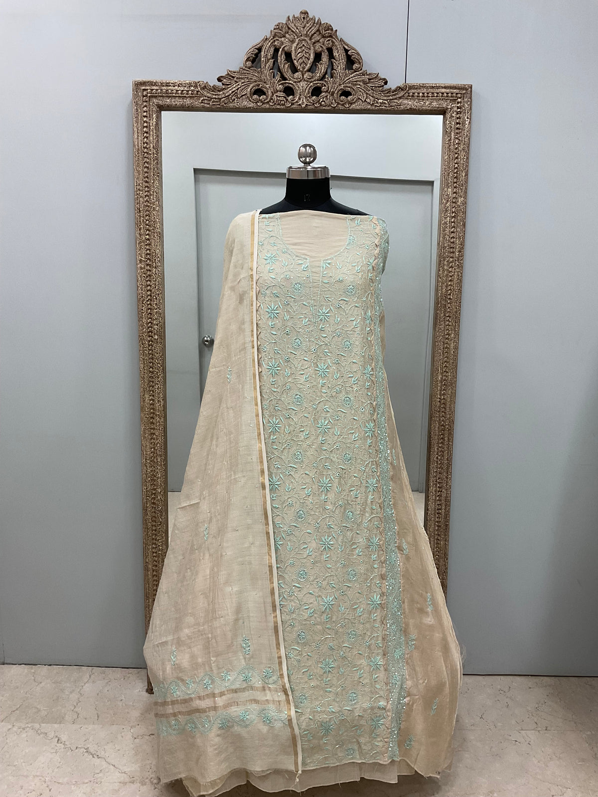 Pure Monga Silk Straight Front Jaal With Heavy Chikan Work Golden Beige
