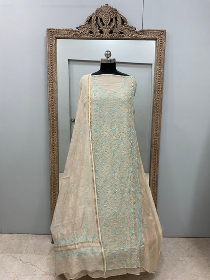 Pure Monga Silk Straight Front Jaal With Heavy Chikan Work Golden Beige