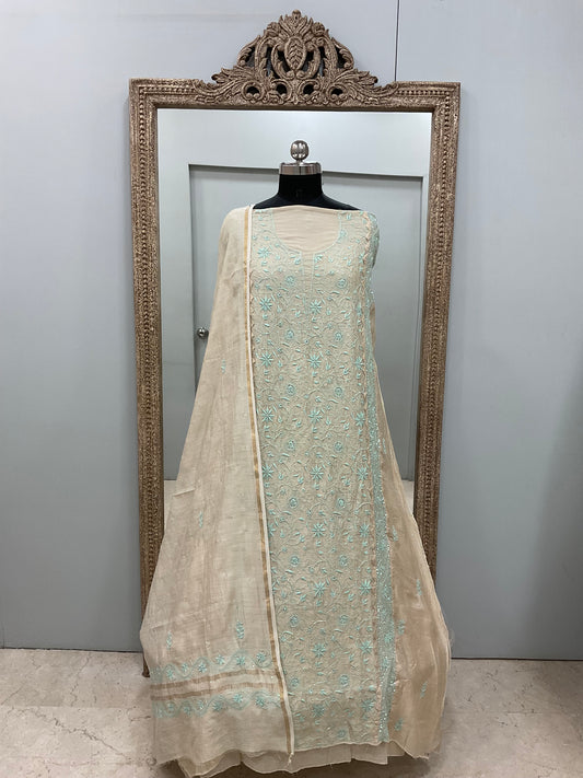 Pure Monga Silk Straight Front Jaal With Heavy Chikan Work Golden Beige