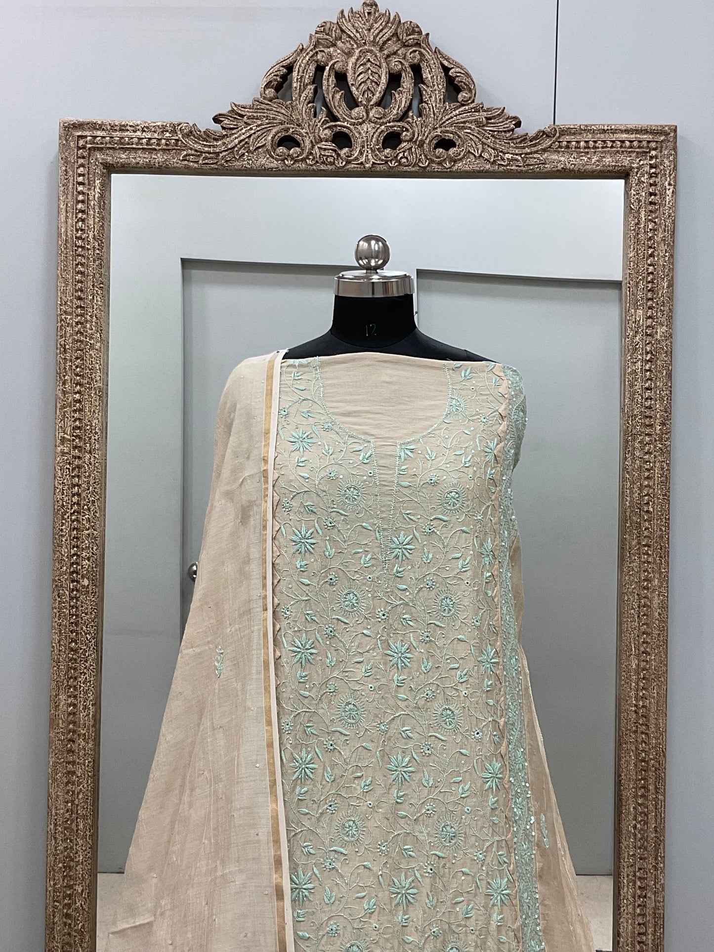 Pure Monga Silk Straight Front Jaal With Heavy Chikan Work Golden Beige