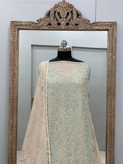 Pure Monga Silk Straight Front Jaal With Heavy Chikan Work Golden Beige