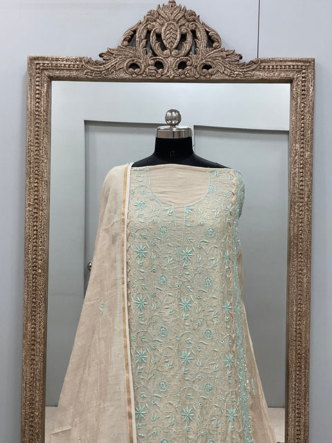 Pure Monga Silk Straight Front Jaal With Heavy Chikan Work Golden Beige