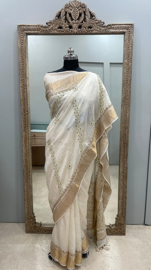 Pure Tassar Silk Saree With Chikan Work Golden